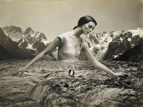 Collage image depicts a woman's portrait set inside of a landscape